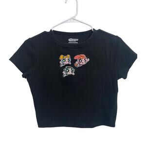 Power puffs Girl Black Embroidered Cartoon Crop Top Cotton Stretch Size S